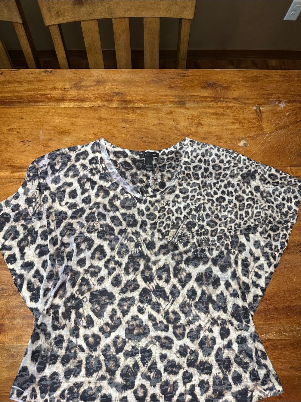 INC International Concepts Leopard Print V-Neck Short Sleeve Top - Black & Cream